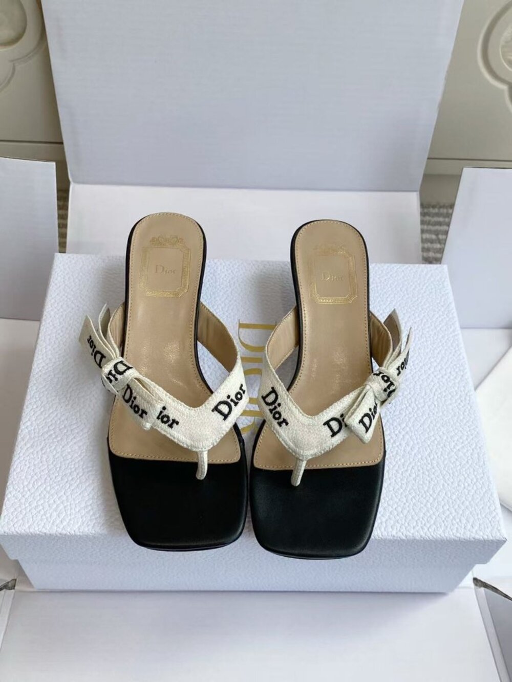 Dior Black Leather Thong Sandals White Logo Bow Kitten Heels